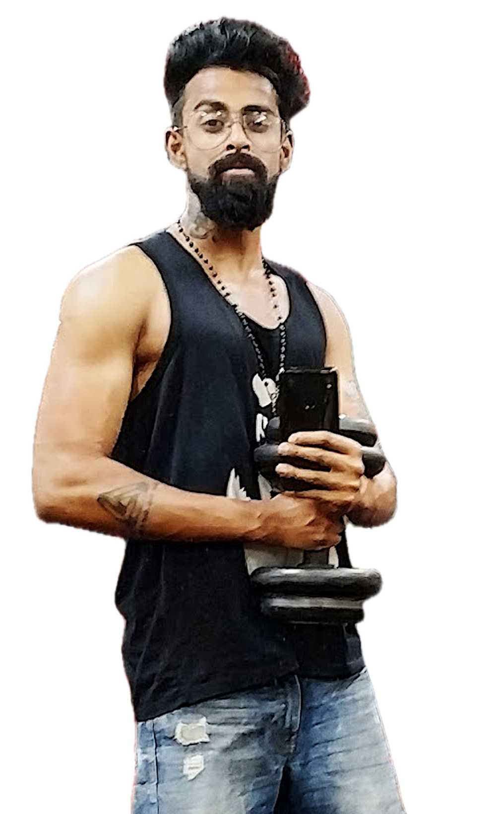 A member of New Iron Fitness in a black vest, holding a dumbbell