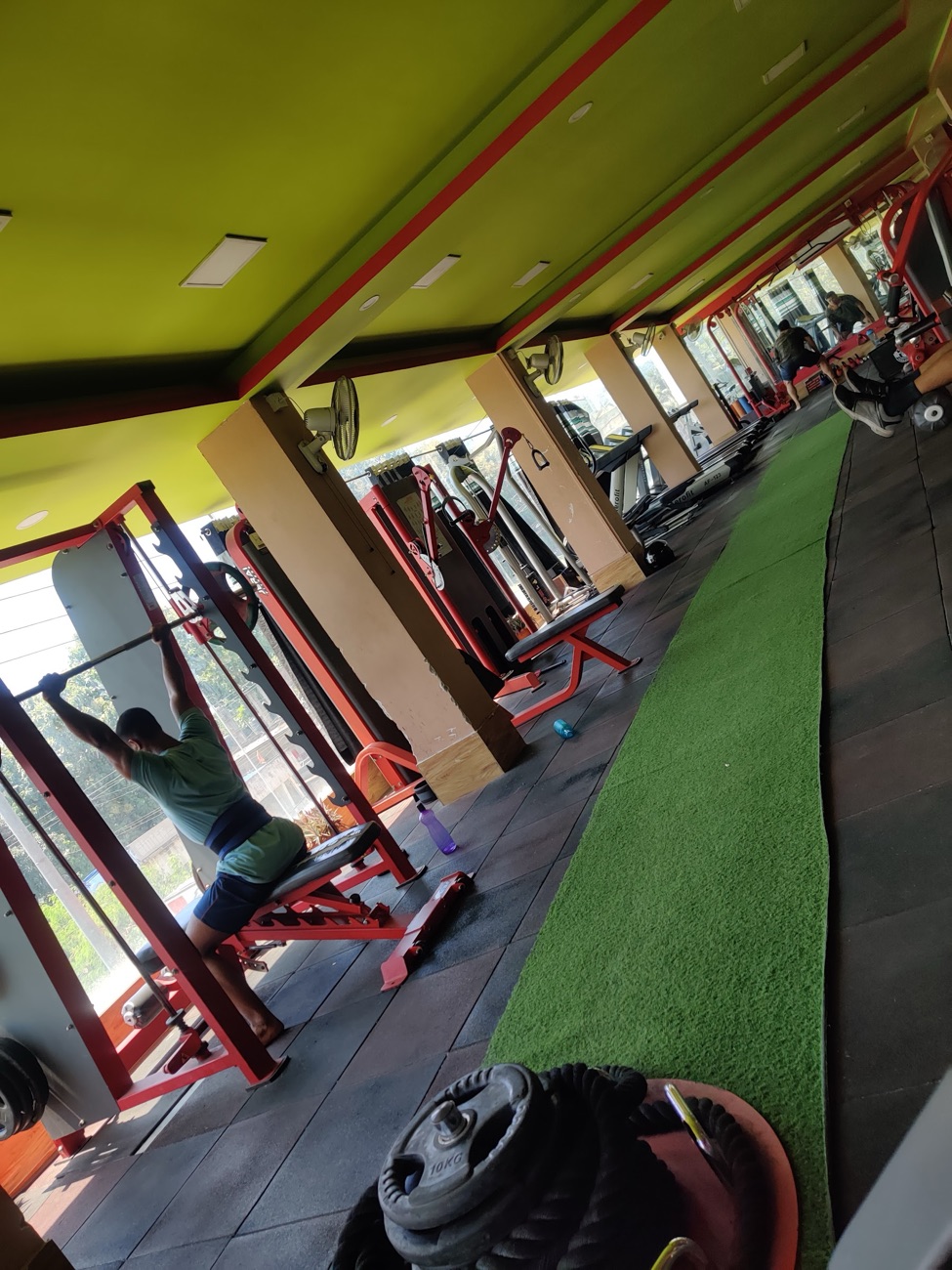 Red squat racks along the window, with a strip of green turf beside them